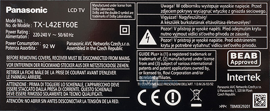 Panasonic TX-L42ET60E štítek